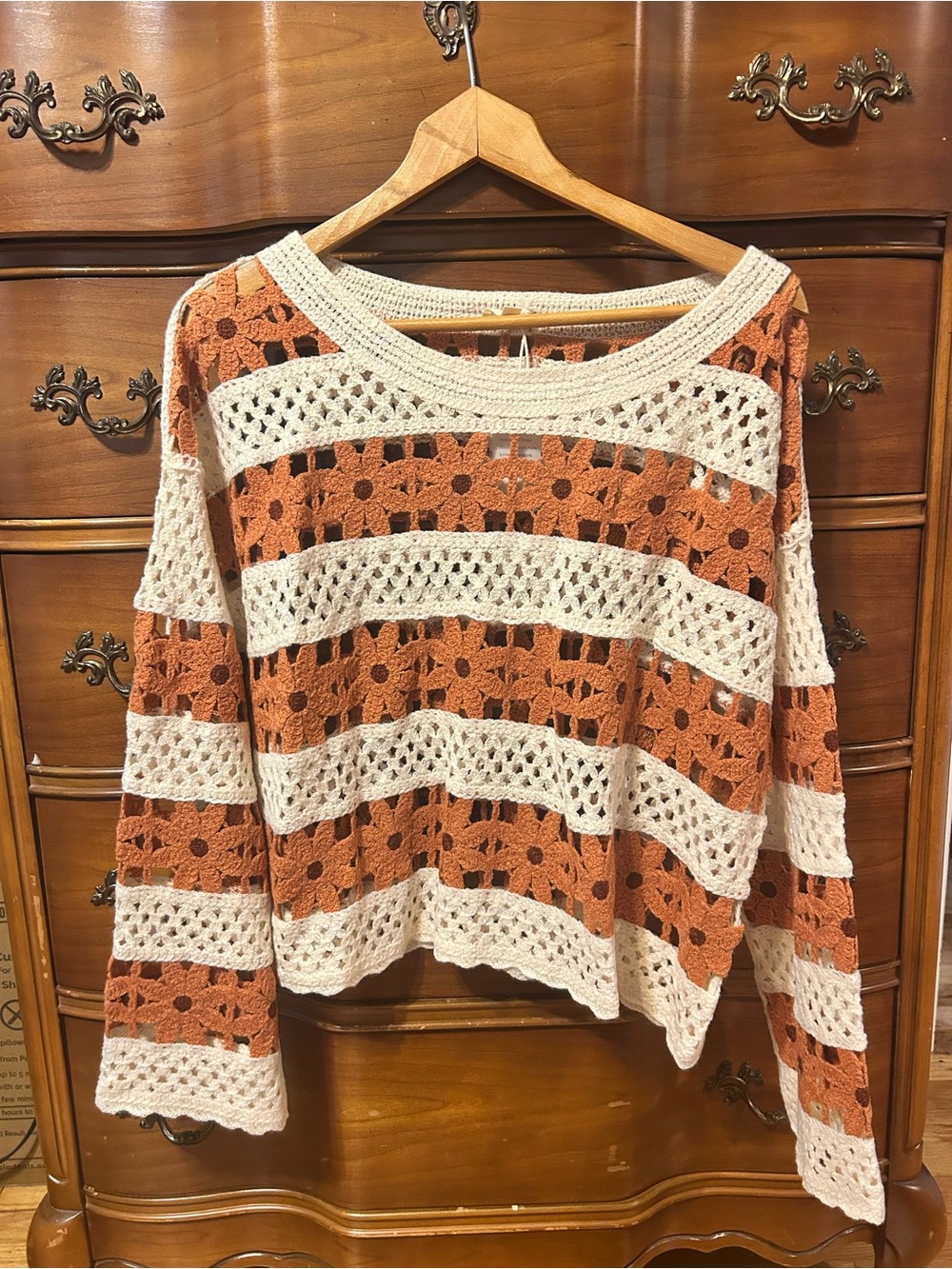 NWT Hem & Thread Crochet Striped Open-Knit Sweater in Rust and Cream